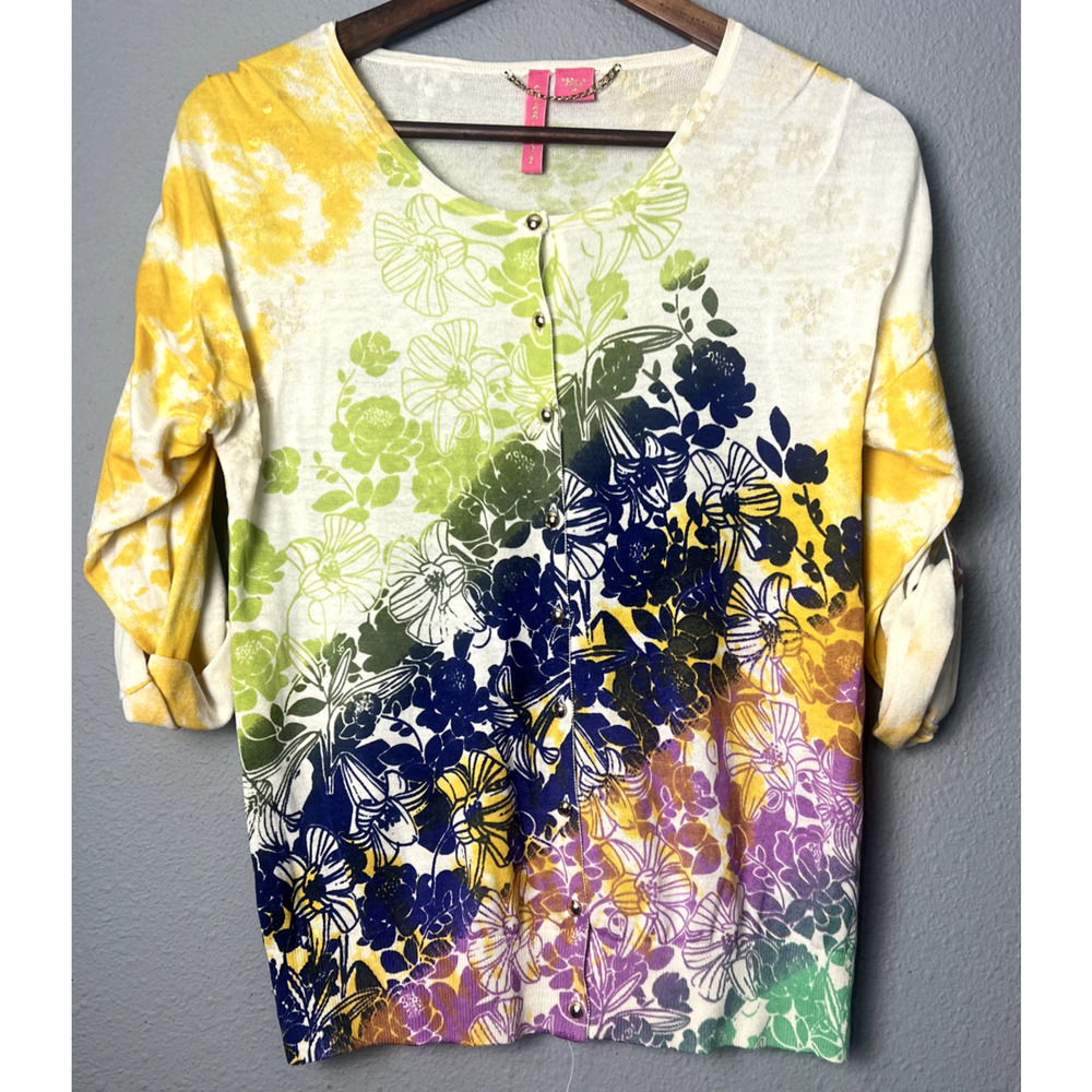 Vintage Charlotte Medium Colorful Floral Artsy Roll Tab Silk Cotton Henley Top